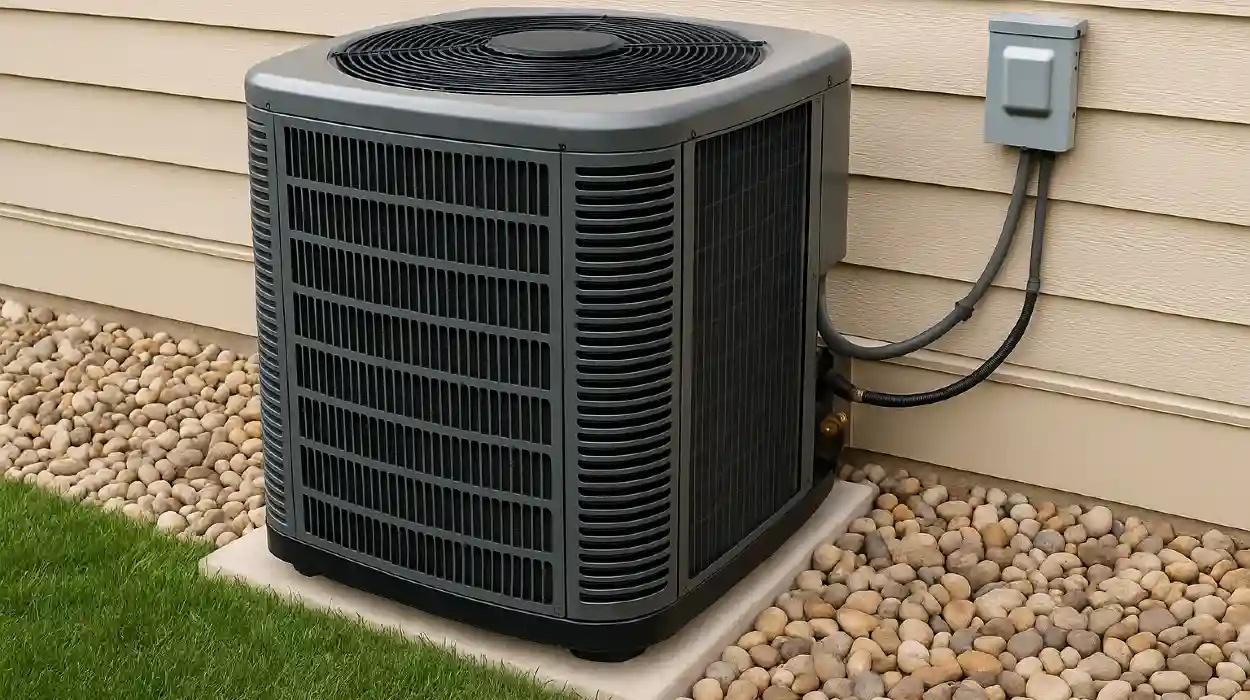 a brand new AC unit outside on a concrete slab from Houston Air Conditioning Repair in Houston, TX - Air Conditioning Diagnosis