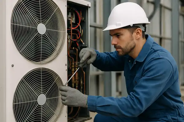 a male hvac technician using a scredriver to open an AC unit from Houston Air Conditioning Repair in Houston, TX - Air Conditioning Diagnosis