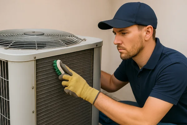 a male hvac technician cleaning the coils of an old AC unit from Houston Air Conditioning Repair in Houston, TX - Air Conditioning Diagnosis