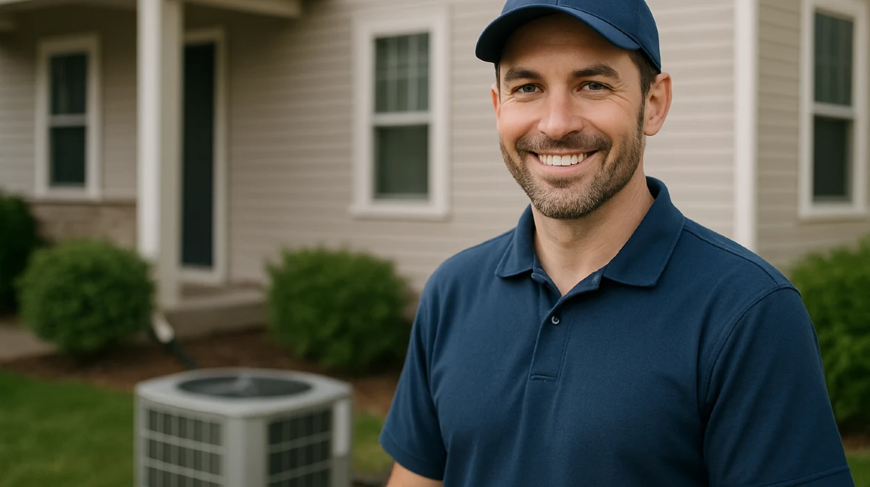 an hvac technician on the front porch smiling at the camera and an AC unit next to him from Houston Air Conditioning Repair in Houston, TX - Air Conditioning repair near me