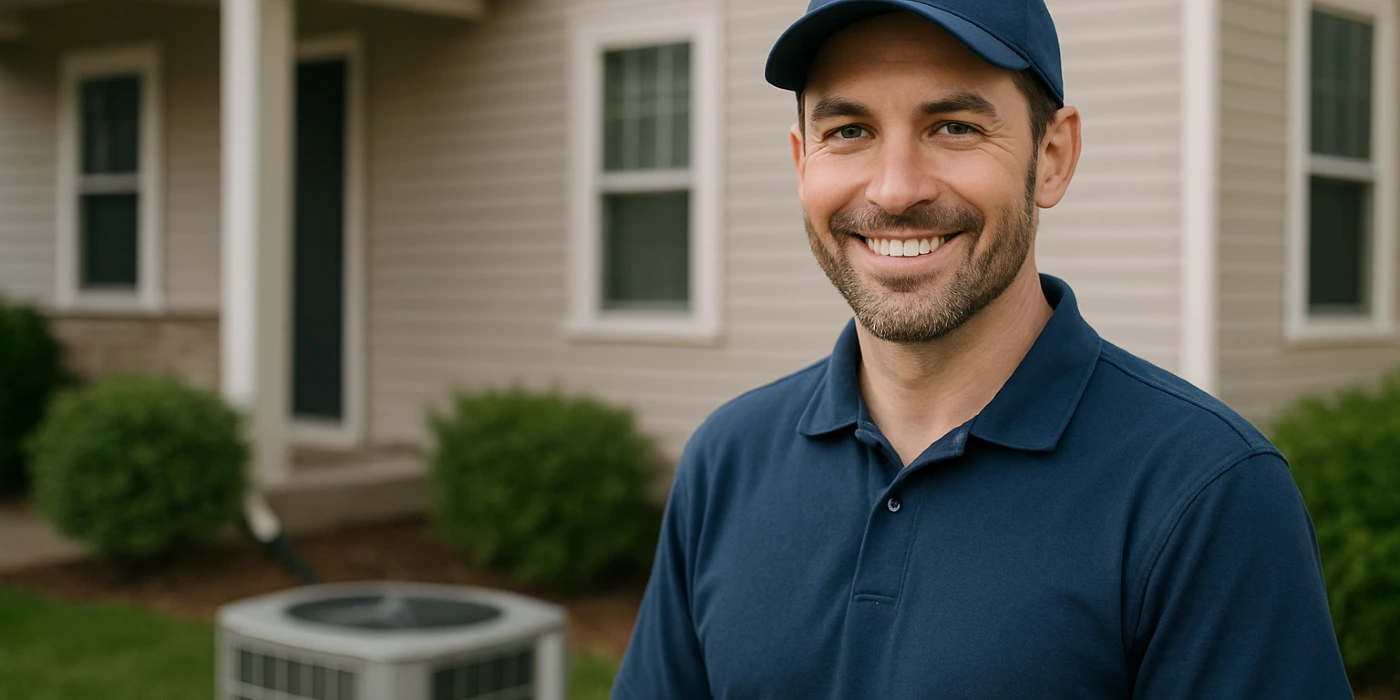 an hvac technician on the front porch smiling at the camera and an AC unit next to him from Houston Air Conditioning Repair in Houston, TX - Air Conditioning repair near me