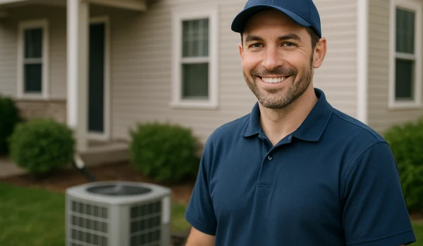 an hvac technician on the front porch smiling at the camera and an AC unit next to him from Houston Air Conditioning Repair in Houston, TX - Air Conditioning repair near me