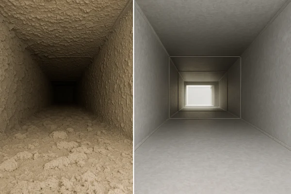 a dirty AC duct on the inside next to a clean AC duct on the inside from Houston Air Conditioning Repair in Houston, TX - Air Conditioning repair near me