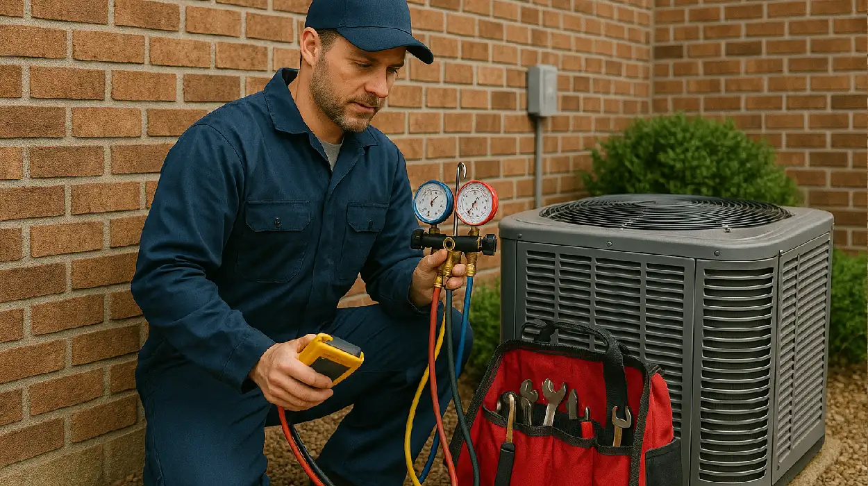 an hvac technician with his tools checking an outside ac unite from Houston Air Conditioning Repair in Houston, TX - Air Conditioning Replacement