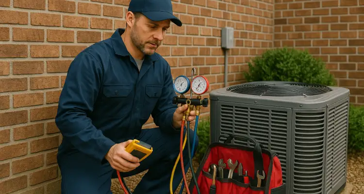 an hvac technician with his tools checking an outside ac unite from Houston Air Conditioning Repair in Houston, TX - Air Conditioning Replacement