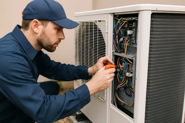 an hvac technician using a scredriver to check the wires of an ac unite from Houston Air Conditioning Repair in Houston, TX - Air Conditioning Replacement
