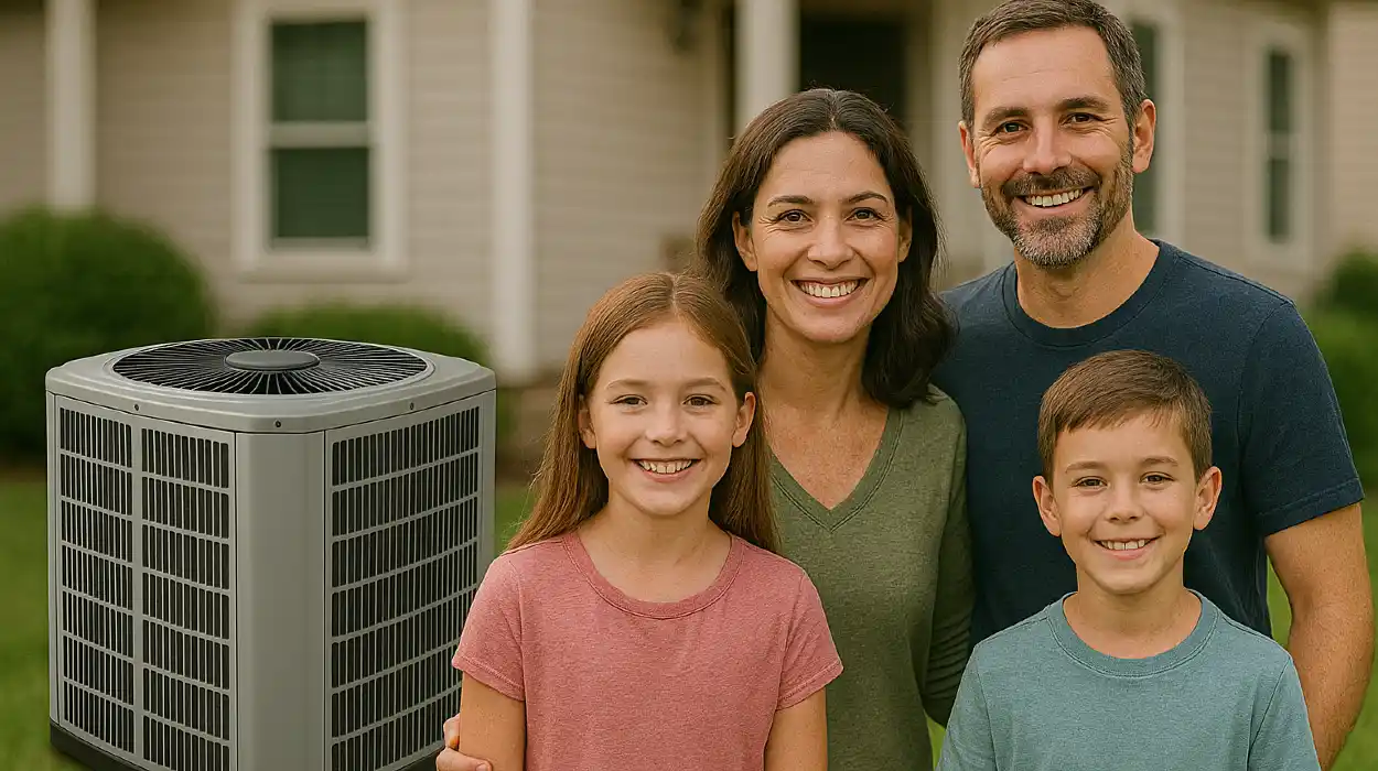 a family outside the house smiling at the camera with a new AC unit next to them from Houston Air Conditioning Repair in Baytown, TX - Baytown TX
