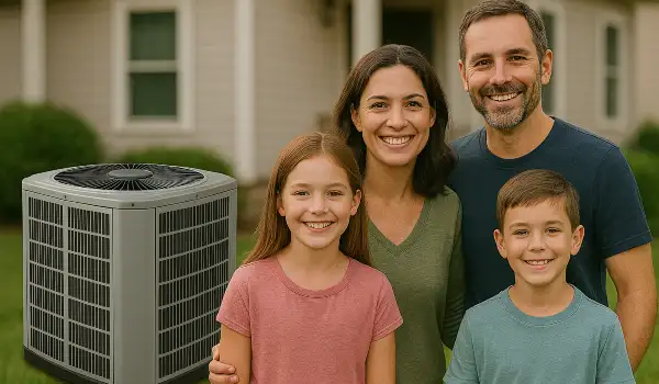 a family outside the house smiling at the camera with a new AC unit next to them from Houston Air Conditioning Repair in Baytown, TX - Baytown TX