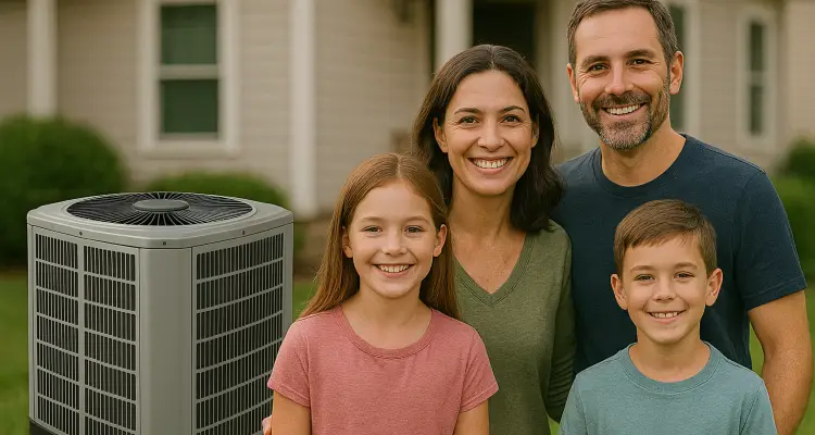 a family outside the house smiling at the camera with a new AC unit next to them from Houston Air Conditioning Repair in Baytown, TX - Baytown TX