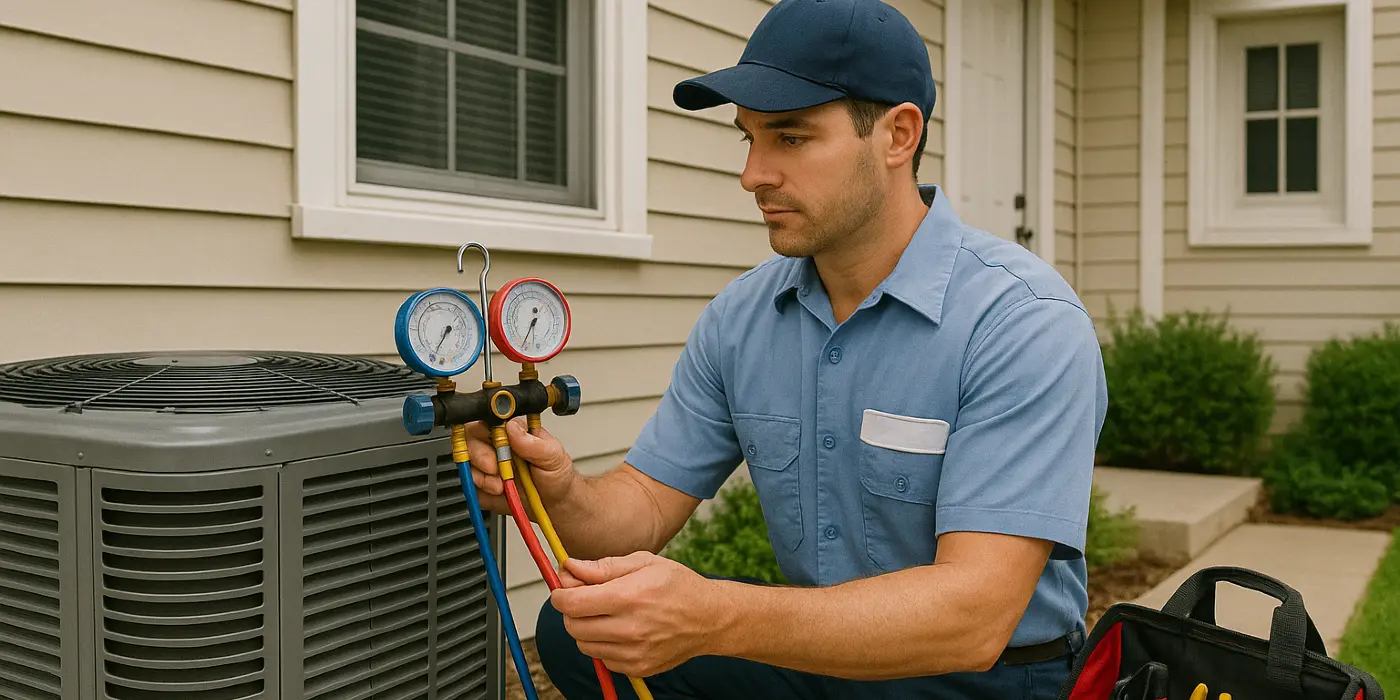 an hvac technician in uniform using the manifold gauge to test an ac unit from Houston Air Conditioning Repair in Houston, TX - Commercial Air Conditioning Services an hvac technician in uniform using the manifold gauge to test an ac unit from Houston Air Conditioning Repair in Houston, TX - Commercial Air Conditioning Services
