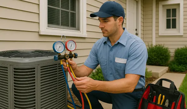 an hvac technician in uniform using the manifold gauge to test an ac unit from Houston Air Conditioning Repair in Houston, TX - Commercial Air Conditioning Services