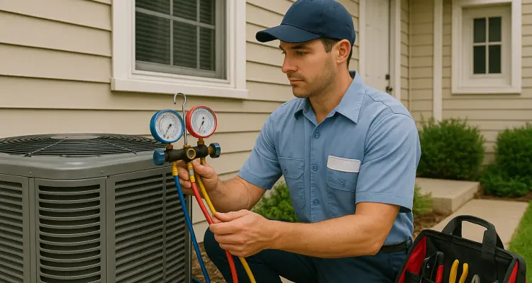 an hvac technician in uniform using the manifold gauge to test an ac unit from Houston Air Conditioning Repair in Houston, TX - Commercial Air Conditioning Services
