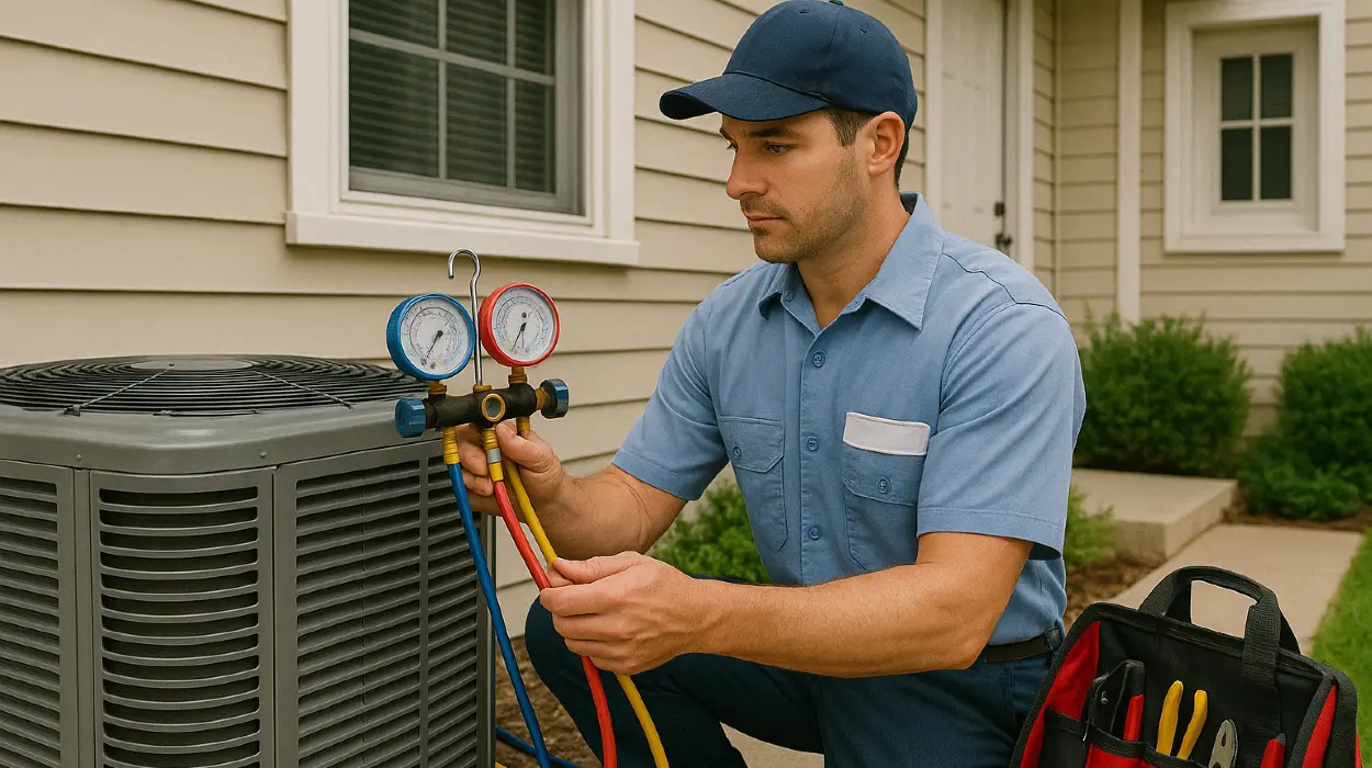 an hvac technician in uniform using the manifold gauge to test an ac unit from Houston Air Conditioning Repair in Conroe, TX - Conroe TX