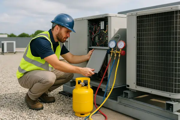 an hvac technician using a small freon tank to refill an ac unit from Houston Air Conditioning Repair in Conroe, TX - Conroe TX