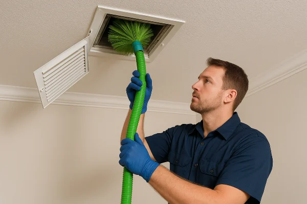 an hvac technician cleaning the ducts with a machine from Houston Air Conditioning Repair in Conroe, TX - Conroe TX