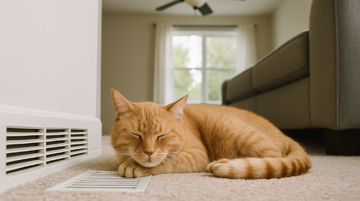 an orange cat laying on the carpet next to an AC vent from Houston Air Conditioning Repair in Cypress, TX - Cypress TX