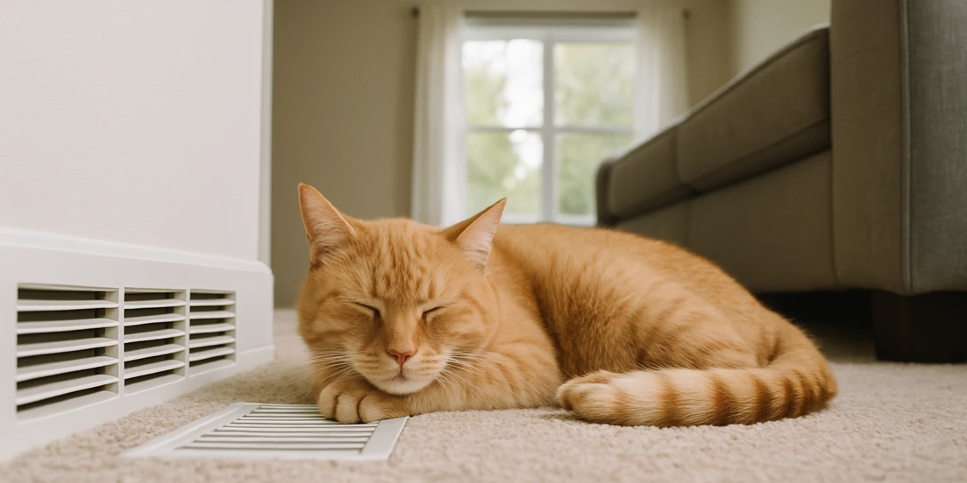 an orange cat laying on the carpet next to an AC vent from Houston Air Conditioning Repair in Cypress, TX - Cypress TX