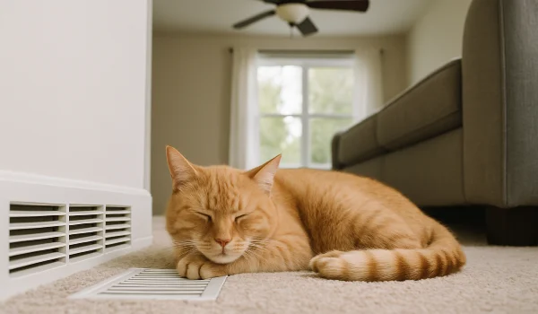 an orange cat laying on the carpet next to an AC vent from Houston Air Conditioning Repair in Cypress, TX - Cypress TX