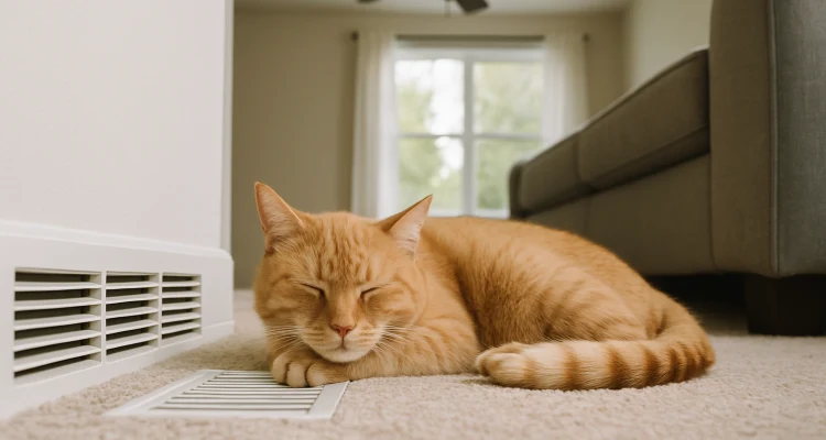 an orange cat laying on the carpet next to an AC vent from Houston Air Conditioning Repair in Cypress, TX - Cypress TX