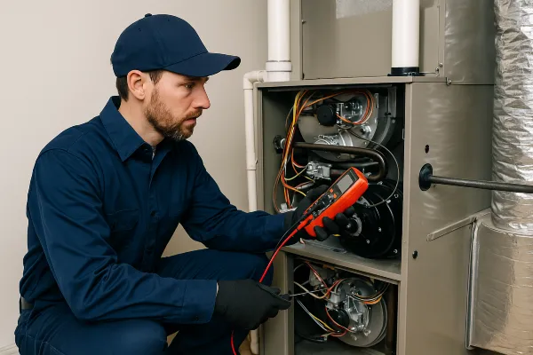 a male hvac technician using a current meter on a furnace unit from Houston Air Conditioning Repair in Cypress, TX - Cypress TX