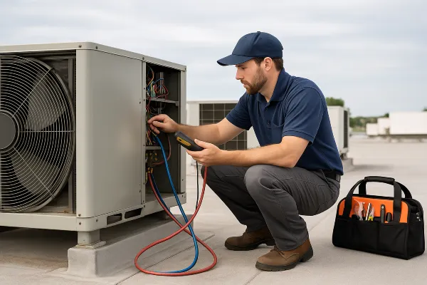 a male hvac technician on the roof checking an AC unit from Houston Air Conditioning Repair in Cypress, TX - Cypress TX