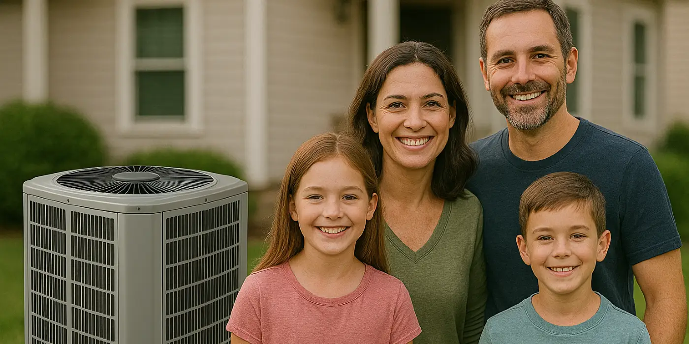 a family outside the house smiling at the camera with a new AC unit next to them from Houston Air Conditioning Repair in Houston, TX - Emergency AC Repair