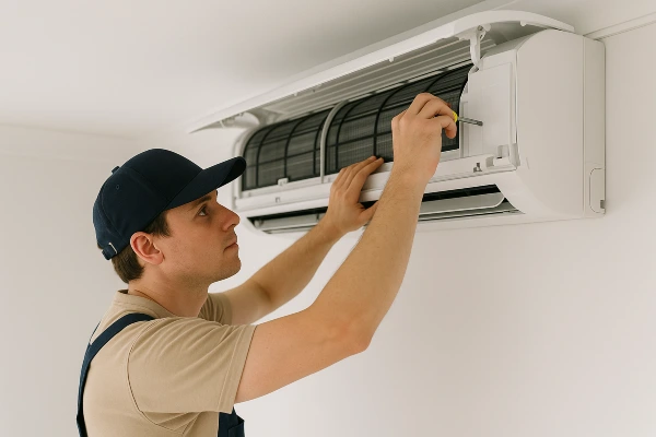 a male hvac technician checking a mini split AC unit from Houston Air Conditioning Repair in Houston, TX - Emergency AC Repair