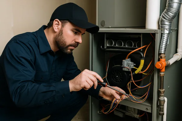 a male hvac technician checking a furnace wiring from Houston Air Conditioning Repair in Houston, TX - Emergency AC Repair