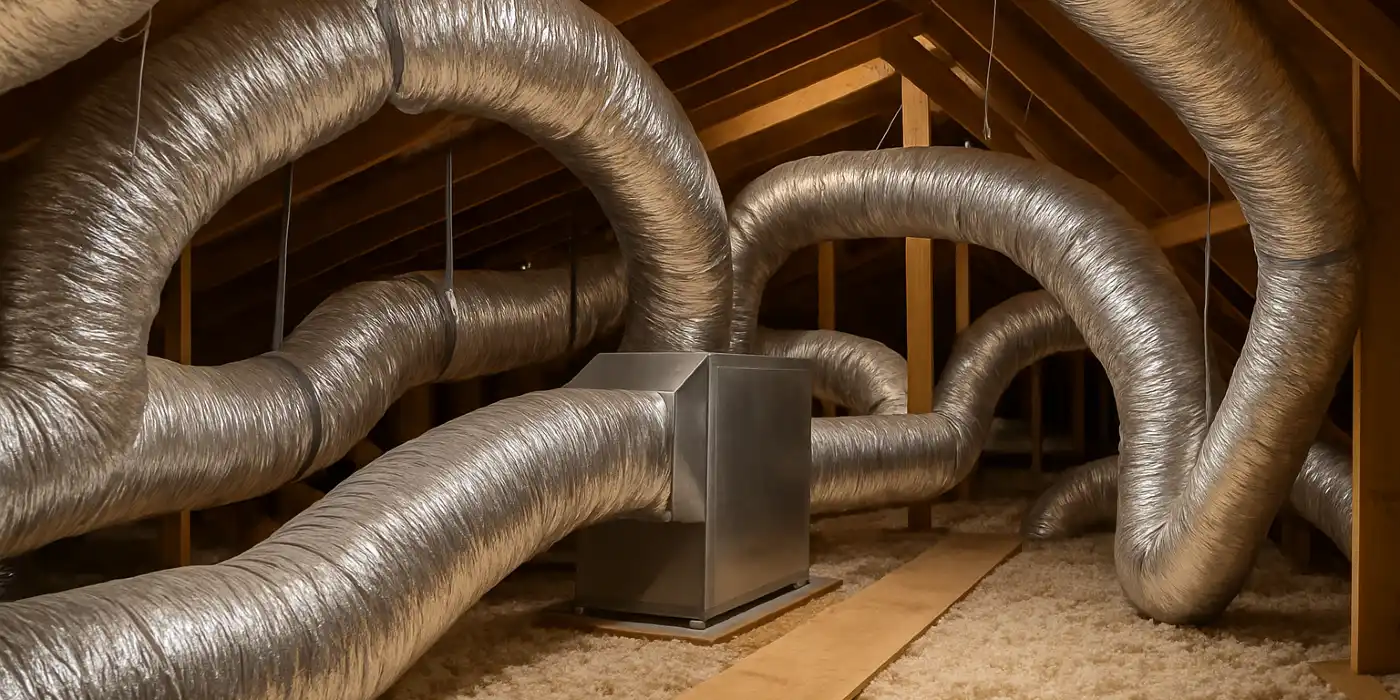 traditional AC ducts installed in the attic of a house from Houston Air Conditioning Repair in Houston, TX - hvac companies near me