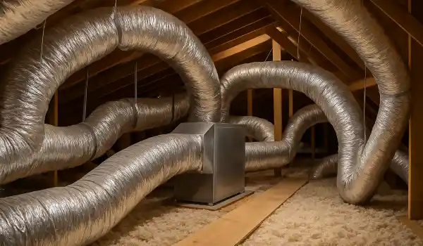traditional AC ducts installed in the attic of a house from Houston Air Conditioning Repair in Houston, TX - hvac companies near me
