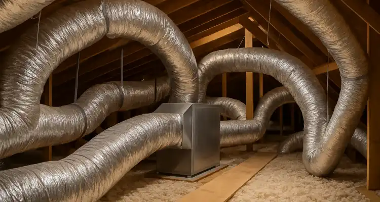 traditional AC ducts installed in the attic of a house from Houston Air Conditioning Repair in Houston, TX - hvac companies near me