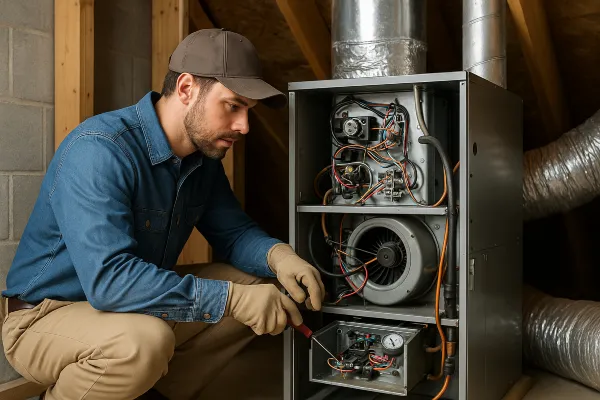 an hvac technician with a screwdriver checking the wiring of a furnace from Houston Air Conditioning Repair in Houston, TX - hvac companies near me