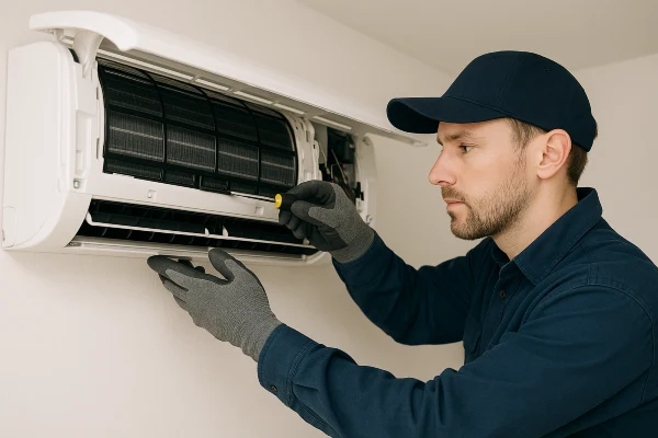 an hvac technician fixing a mini split AC unit from Houston Air Conditioning Repair in Houston, TX - hvac companies near me