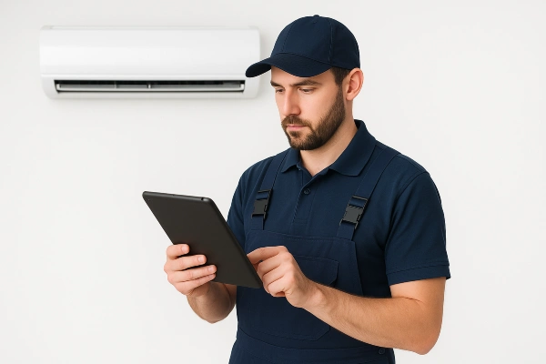 an hvac technician with an ipad filling out a report from Houston Air Conditioning Repair in Houston, TX - HVAC Installation
