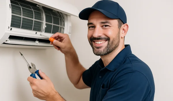 a male hvac techinican using a screwdriver to open a mini split unit and smiling at the camera from Houston Air Conditioning Repair in Houston, TX - HVAC Repair