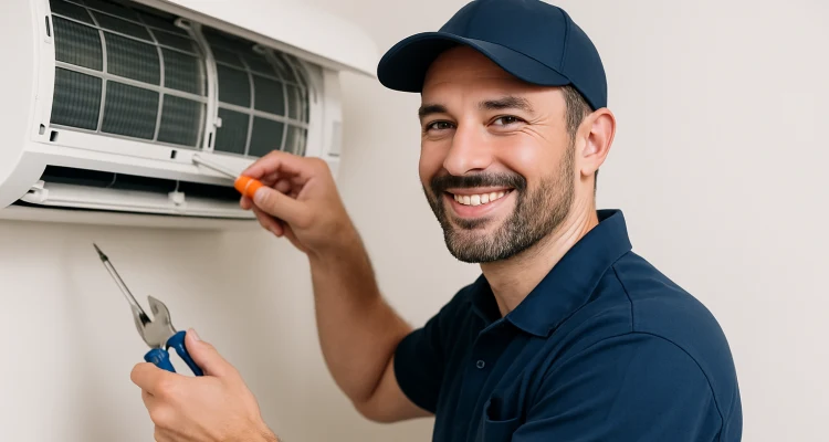 a male hvac techinican using a screwdriver to open a mini split unit and smiling at the camera from Houston Air Conditioning Repair in Houston, TX - HVAC Repair