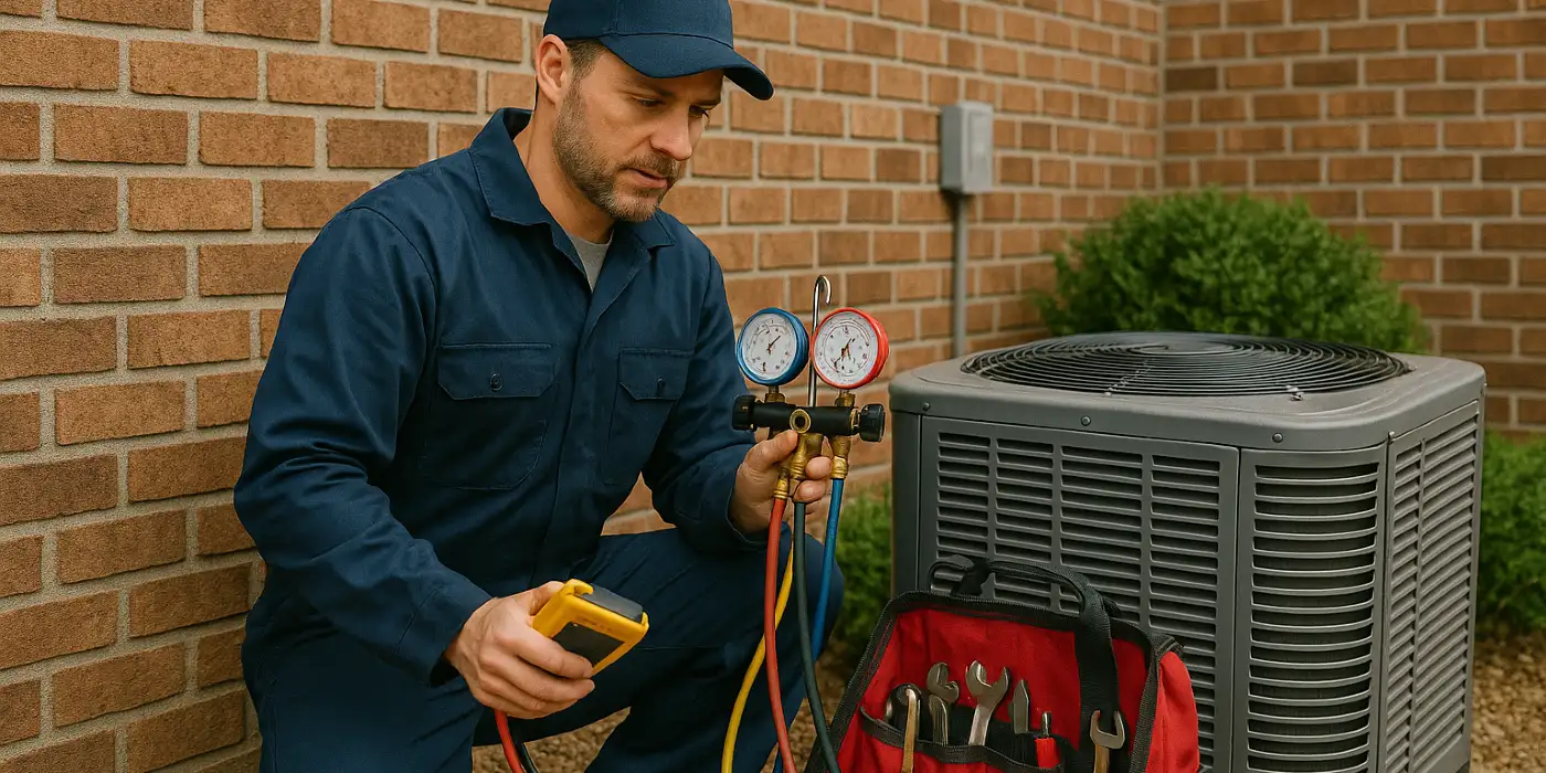 an hvac technician with his tools checking an outside ac unite from Houston Air Conditioning Repair in Katy, TX - Katy TX