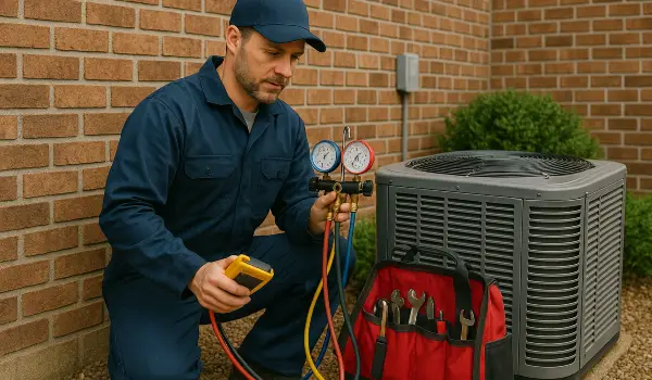 an hvac technician with his tools checking an outside ac unite from Houston Air Conditioning Repair in Katy, TX - Katy TX