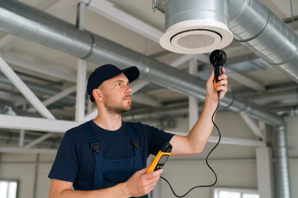 a male hvac technician measuring the temperature with a device from Houston Air Conditioning Repair in Houston, TX - Residential Air Conditioning Services