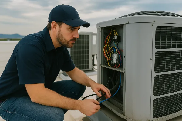 a male hvac technician checking a commercial ac unit on the roof of the building from Houston Air Conditioning Repair in The Woodlands, TX - The Woodlands TX