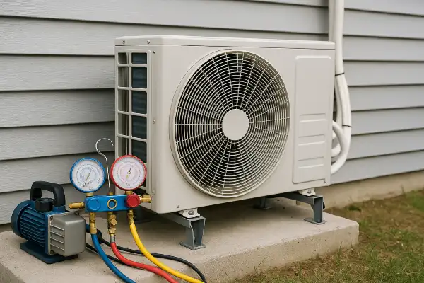 an ac unit outside with an ac manifold gauge next to it from Houston Air Conditioning Repair in The Woodlands, TX - The Woodlands TX