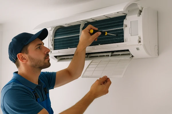 an hvac technician checking a mini split ac from Houston Air Conditioning Repair in The Woodlands, TX - The Woodlands TX